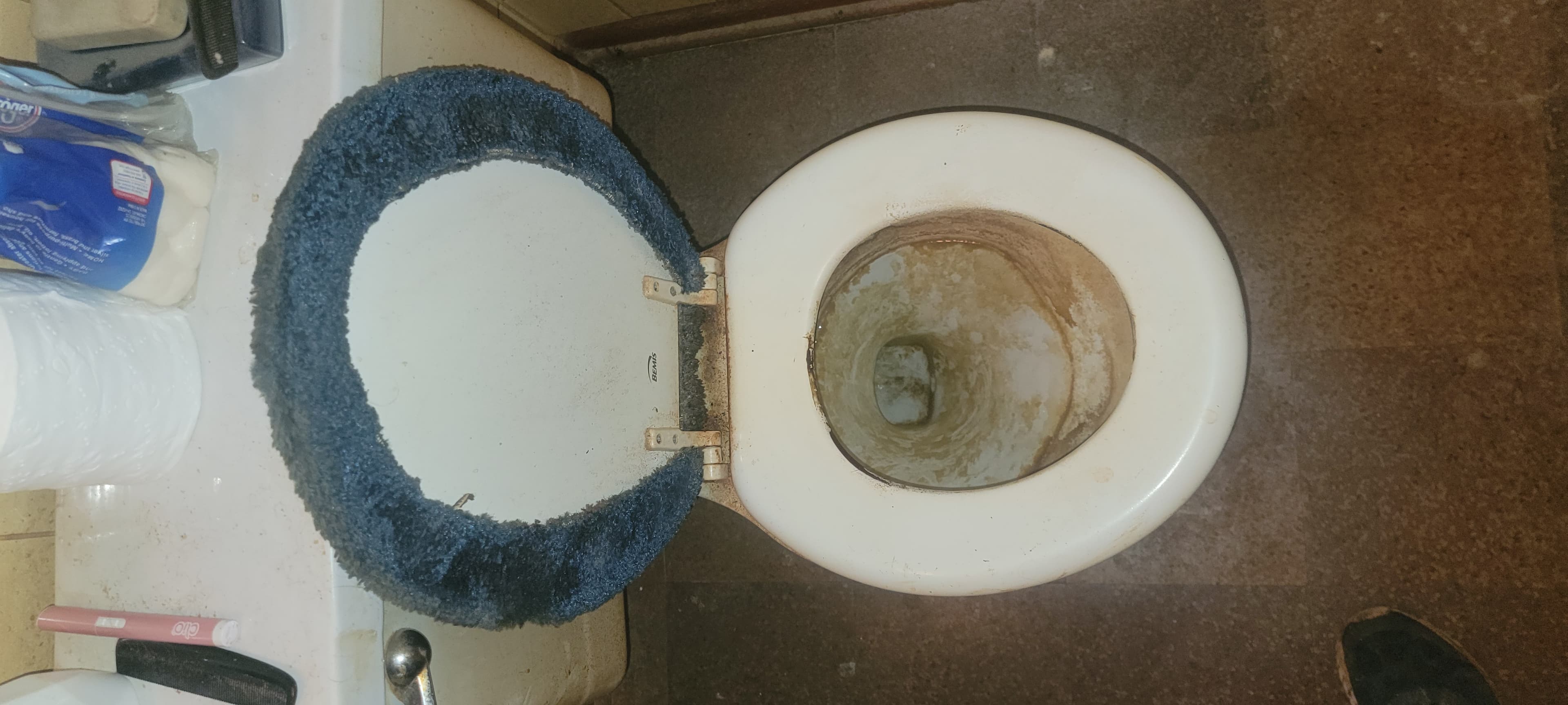 Toilet before restoration cleaning, with heavy mineral buildup inside the bowl