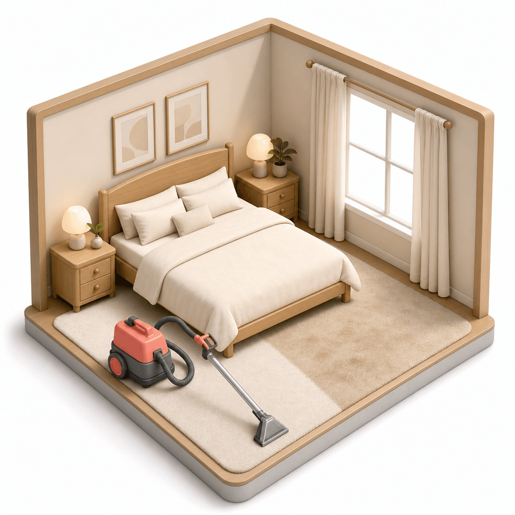 Person-free bedroom cutaway with a carpet extraction wand beside a clean stripe