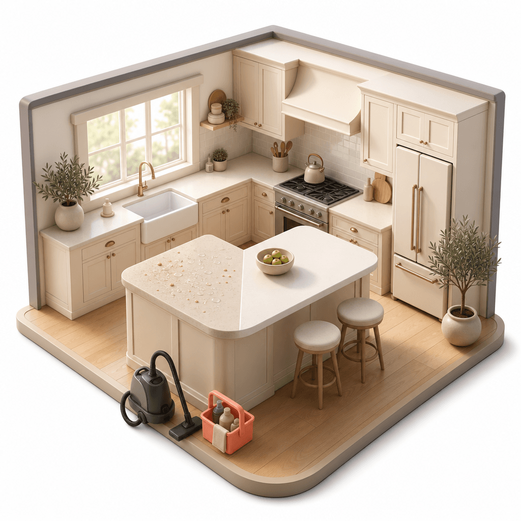 Person-free kitchen cutaway with a partly cleaned island, unattended vacuum and coral caddy