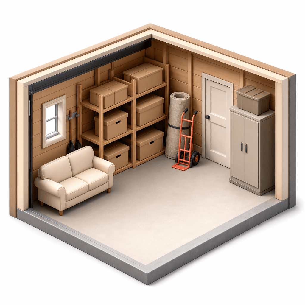 Person-free garage cutaway with a loveseat, stacked boxes and unattended hand truck