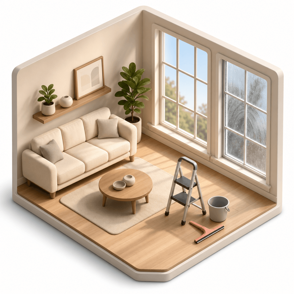 Person-free living room cutaway with tall windows, ladder and unattended squeegee