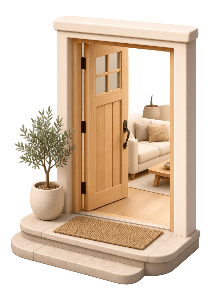 An open front door revealing a tidy living room and clean entryway