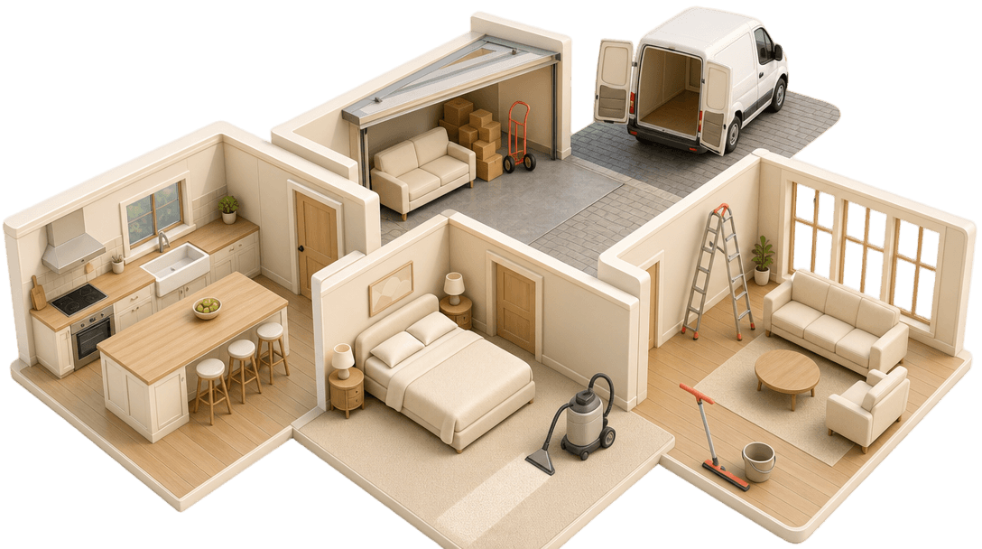 Person-free isometric cutaway of kitchen, garage, bedroom and windowed living room with service tools and an open van