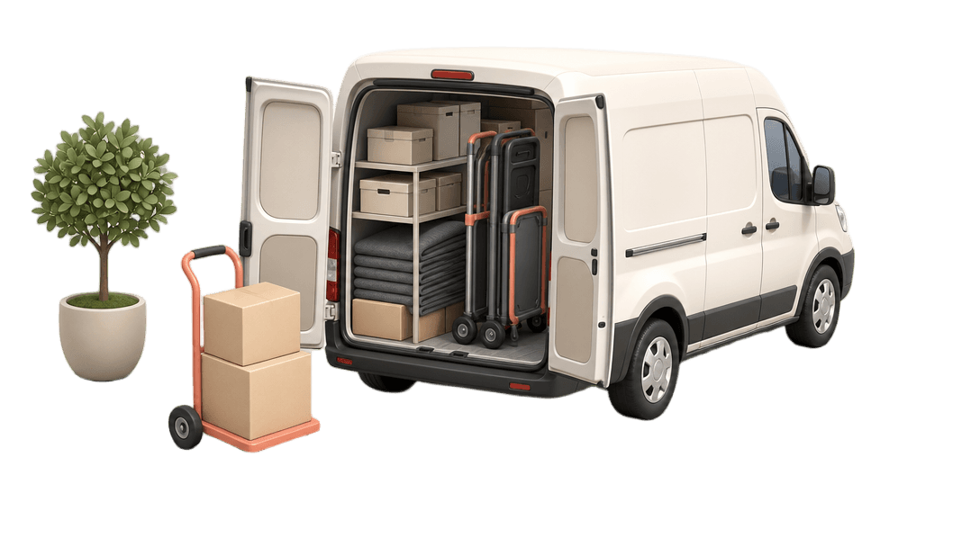 An open service van with supplies inside and a loaded hand truck beside it
