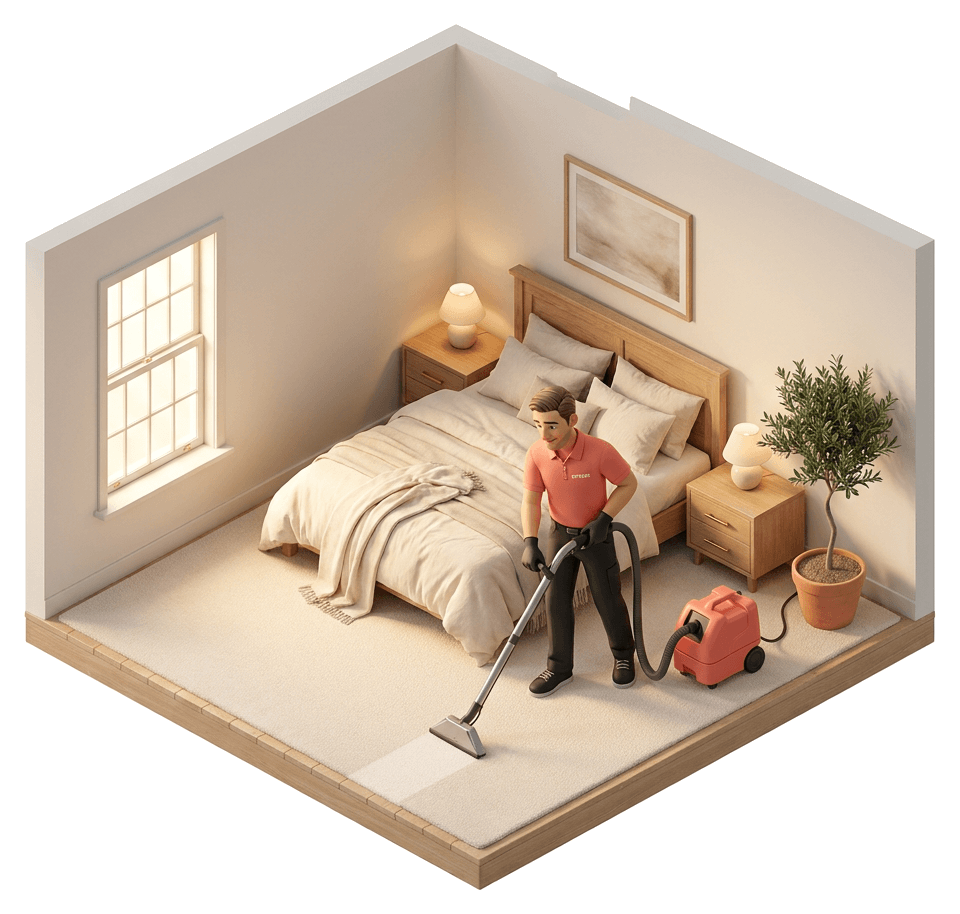 Bedroom cutaway — an extraction wand drawn across carpet leaving one clean stripe behind it