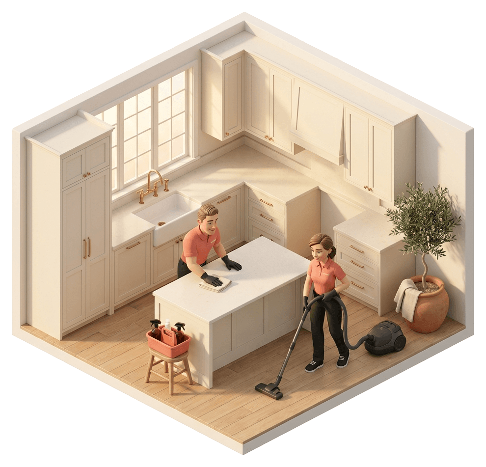 Kitchen cutaway — counters being wiped down and a floor mid-vacuum, the finished half visibly brighter than the unfinished half