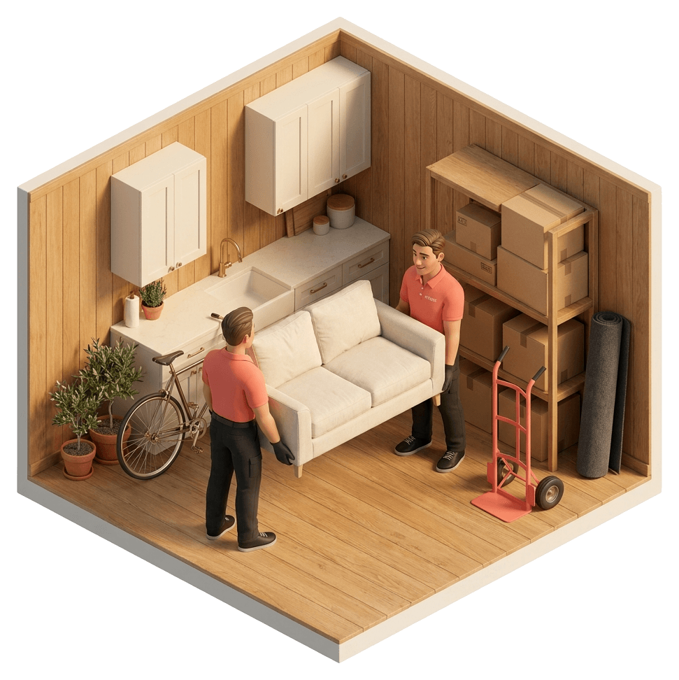Garage cutaway — a loveseat and stacked boxes carried out to a waiting box truck, the emptied floor swept behind them